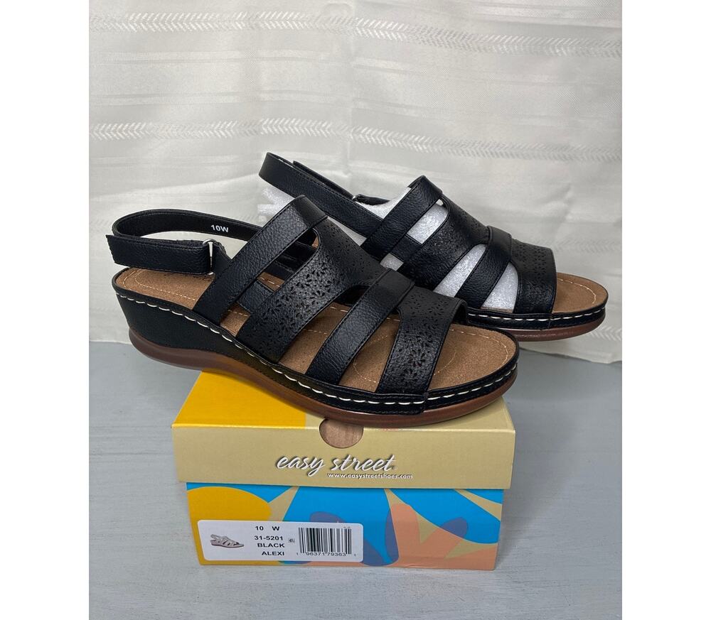Easy Street Alexi Slingback Wedge Sandals Black Womens Size 10W